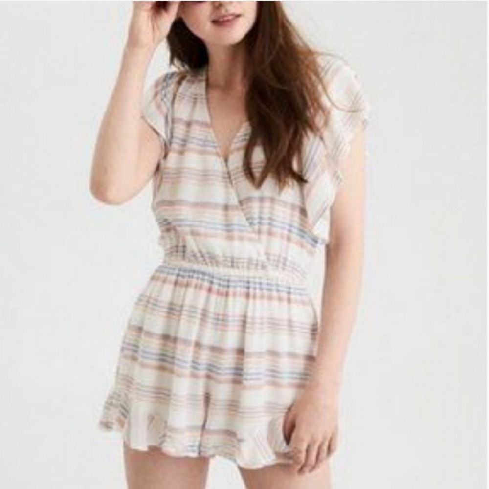 American Eagle Outfitters cream with pastel pink and blue striped shorts romper
